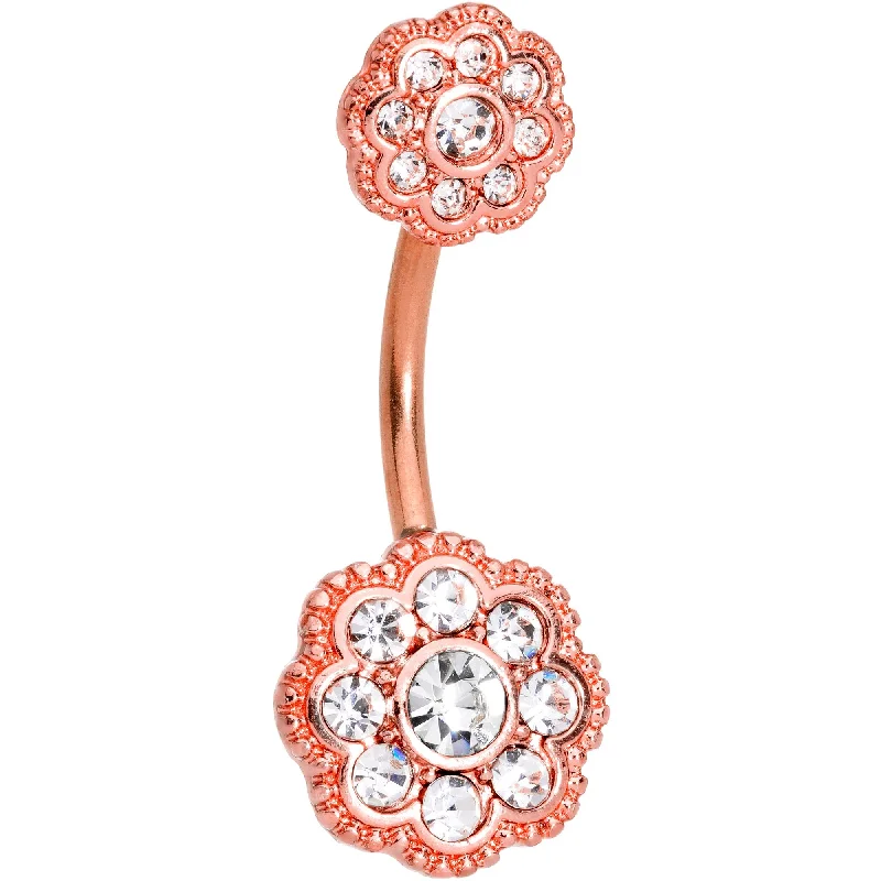 Stylish Belly Rings for Bold Fashion Choices -Clear CZ Gem Rose Gold Tone Art Deco Flower Double Mount Belly Ring Stylish Belly Rings for Bold Fashion Choices -Clear CZ Gem Rose Gold Tone Art Deco Flower Double Mount Belly Ring