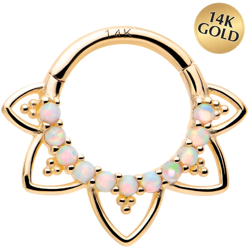 Custom Nose Rings for Personalized Looks -16 Gauge 5/16 White Synthetic Opal 14kt Yellow Gold Filigree Hinged Segment Ring Custom Nose Rings for Personalized Looks -16 Gauge 5/16 White Synthetic Opal 14kt Yellow Gold Filigree Hinged Segment Ring