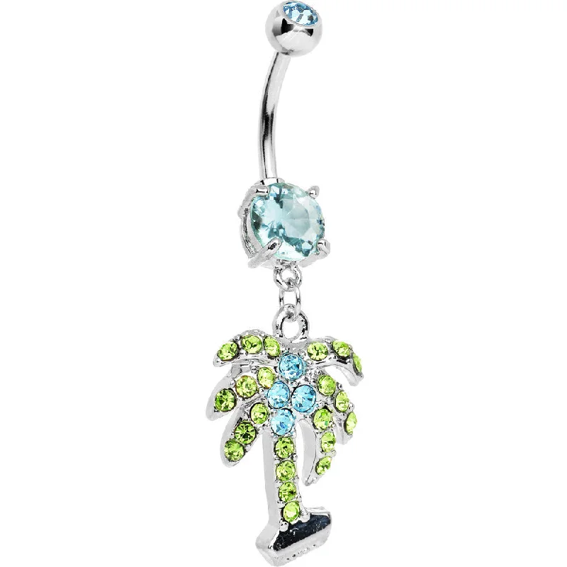 Comfortable Belly Rings with Vibrant Colors -Aqua Double Gem Desert Oasis Palm Tree Dangle Belly Ring Comfortable Belly Rings with Vibrant Colors -Aqua Double Gem Desert Oasis Palm Tree Dangle Belly Ring