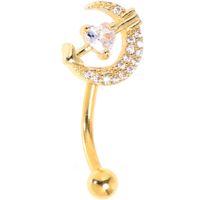 Women's Earrings – Elegant Designs for Every Personality--16 Gauge 5/16 Clear CZ Gem Gold Tone Moon Lover Curved Eyebrow Ring