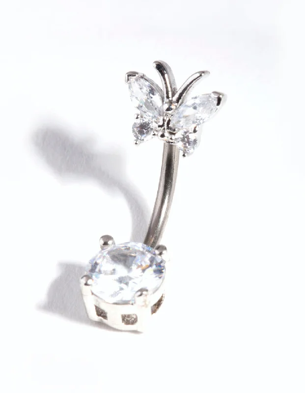 Trendy Belly Rings for Bold Fashionistas -Titanium Cubic Zirconia Butterfly Belly Bar Trendy Belly Rings for Bold Fashionistas -Titanium Cubic Zirconia Butterfly Belly Bar