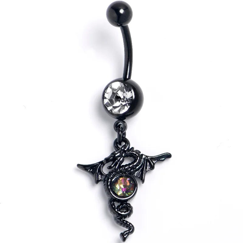 Belly Rings for Chic Fashionistas -Clear Orange Gem Black Majestic Dragon Dangle Belly Ring