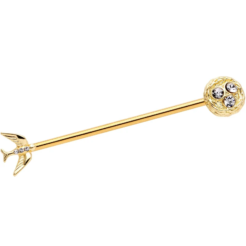 Women's Earrings – Elegant Designs for Every Personality--14 Gauge Clear Gem Gold Tone Bird Nest Industrial Barbell 38mm