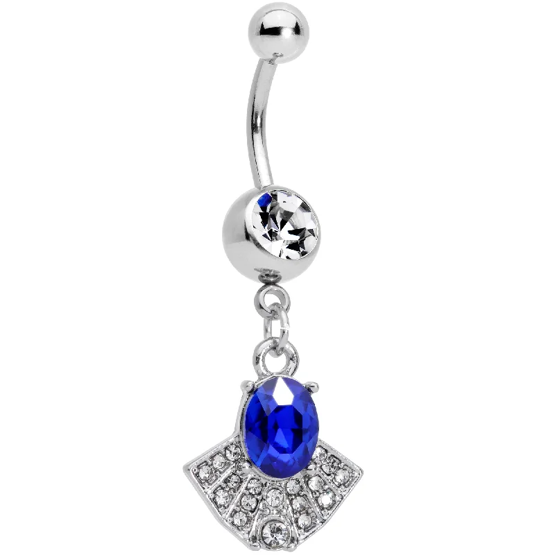 Belly Rings with Gold Finish for Elegant Style -Blue Clear Gem Art Deco Fan Dangle Belly Ring Belly Rings with Gold Finish for Elegant Style -Blue Clear Gem Art Deco Fan Dangle Belly Ring