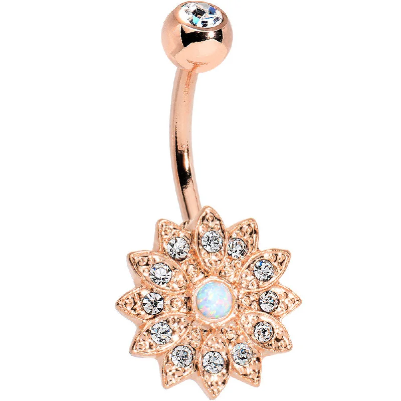 Belly Rings with Glowing Gemstones for Bold Style -White Faux Opal Clear Gem Rose Gold Plated Fancy Flower Belly Ring Belly Rings with Glowing Gemstones for Bold Style -White Faux Opal Clear Gem Rose Gold Plated Fancy Flower Belly Ring