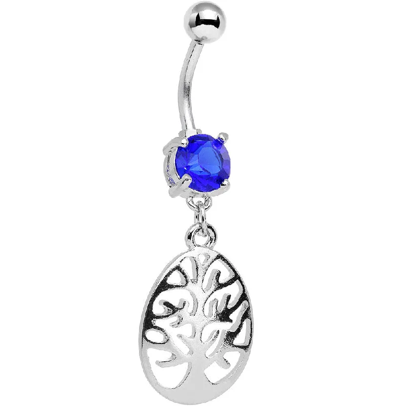 Unique Belly Rings for Statement Style -Blue Gem Teardrop Tree Silhouette Dangle Belly Ring Unique Belly Rings for Statement Style -Blue Gem Teardrop Tree Silhouette Dangle Belly Ring