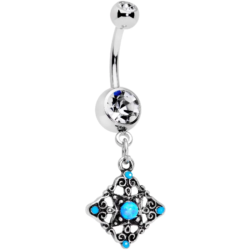 Stylish Belly Rings for Fashionistas -Blue Synthetic Opal Scrolling Rhombus Dangle Belly Ring Stylish Belly Rings for Fashionistas -Blue Synthetic Opal Scrolling Rhombus Dangle Belly Ring