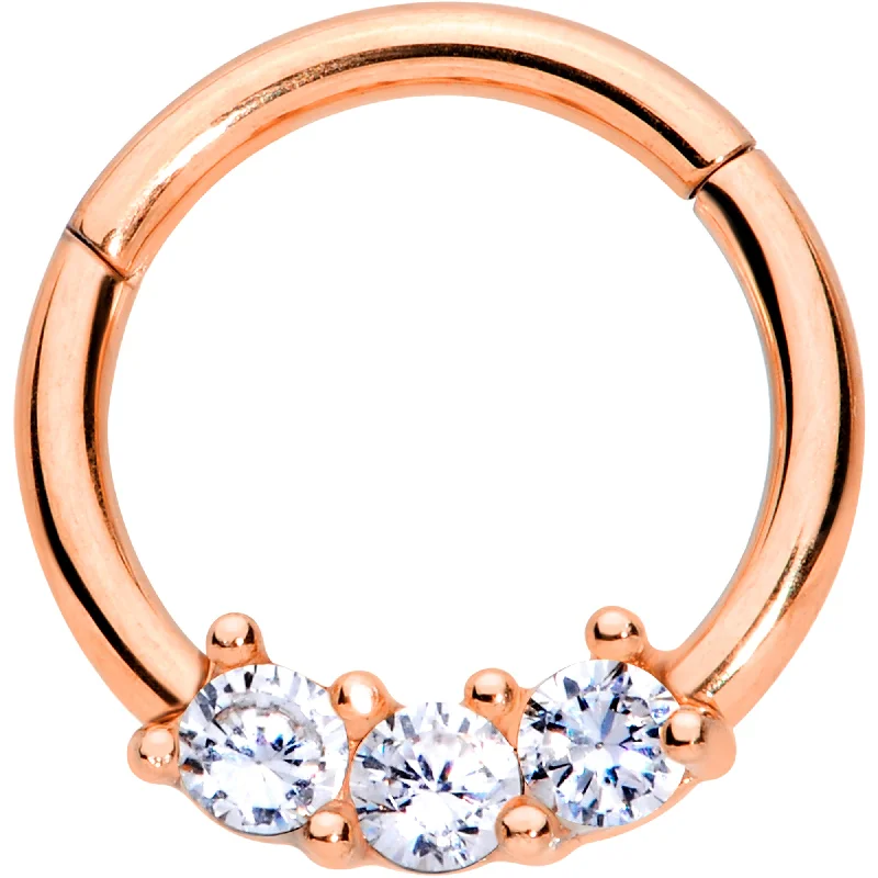 Trendy and Comfortable Nose Rings for Women -16 Gauge 5/16 Clear CZ Gem Rose Gold Tone Trio Hinged Segment Ring Trendy and Comfortable Nose Rings for Women -16 Gauge 5/16 Clear CZ Gem Rose Gold Tone Trio Hinged Segment Ring