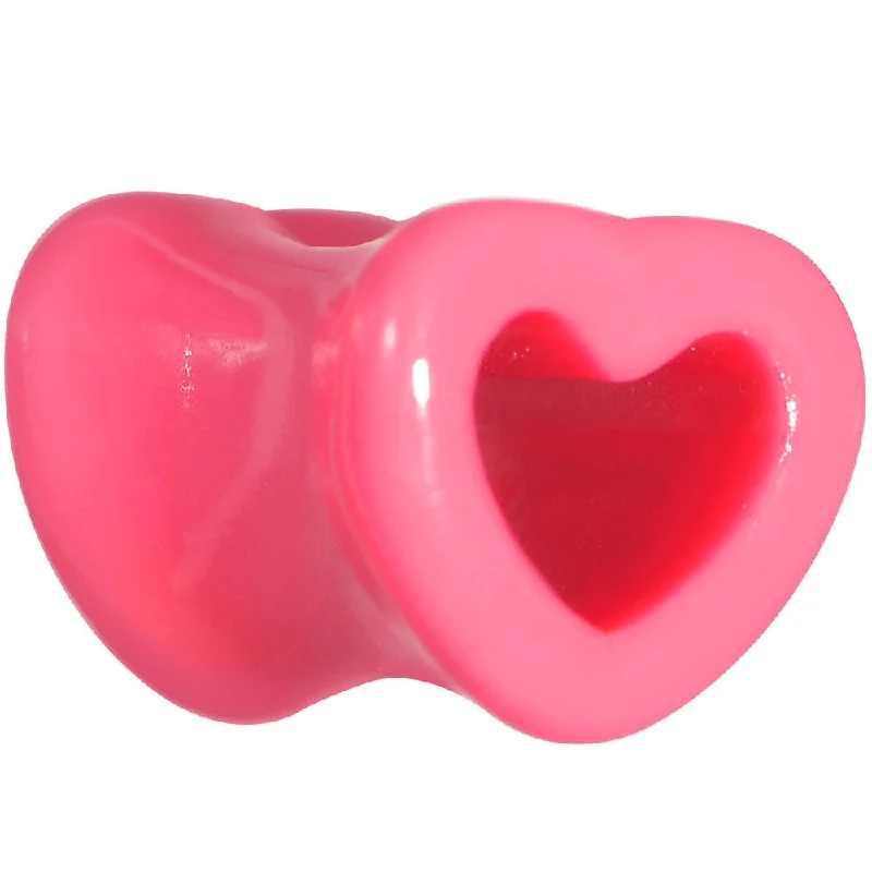Women's Earrings – Elegant Designs for Every Personality--0 Gauge Pink Acrylic Hollow Heart Tunnel