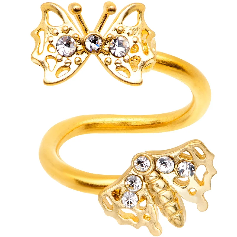 Comfortable Belly Rings with Vibrant Detailing -Clear CZ Gem Gold PVD Fierce Firefly Spiral Twister Belly Ring Comfortable Belly Rings with Vibrant Detailing -Clear CZ Gem Gold PVD Fierce Firefly Spiral Twister Belly Ring
