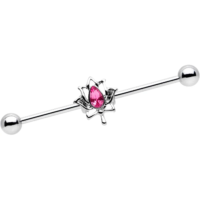 Women's Earrings – Elegant Designs for Every Personality--14 Gauge Pink Gem Teardrop Lotus Flower Industrial Barbell 38mm