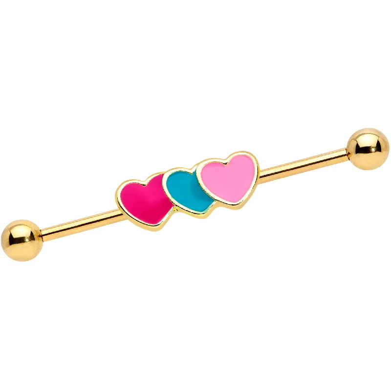 Women's Earrings – Elegant Designs for Every Personality--14 Gauge Gold Tone Triple Heart Industrial Barbell 38mm