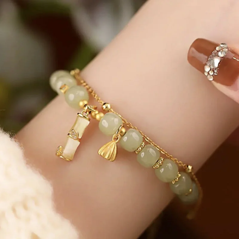Adjustable Bangles for Women-Buddha Stones Natural Hetian Jade Prosperity Lotus Bamboo Charm Bracelet