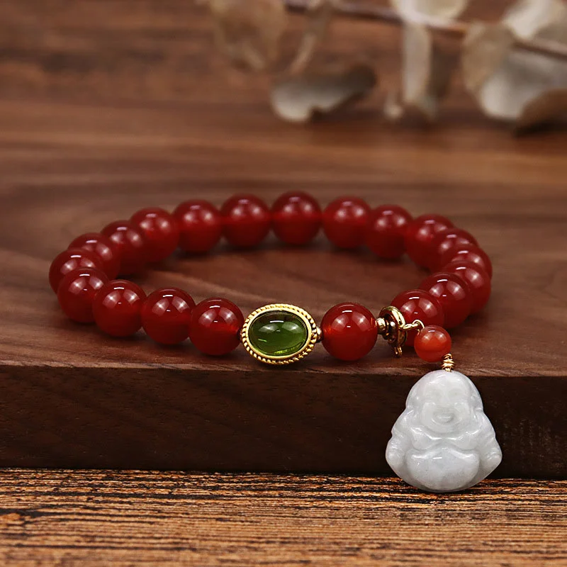 Wedding Bangles for Women with Diamonds-Buddha Stones Natural Red Agate Buddha Success Bracelet