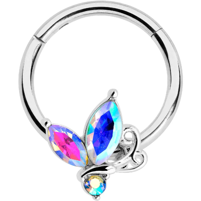 Nose Rings for Comfortable and Chic Looks -16 Gauge 3/8 Aurora CZ Gem Fleur de Lis Butterfly Hinged Segment Ring Nose Rings for Comfortable and Chic Looks -16 Gauge 3/8 Aurora CZ Gem Fleur de Lis Butterfly Hinged Segment Ring