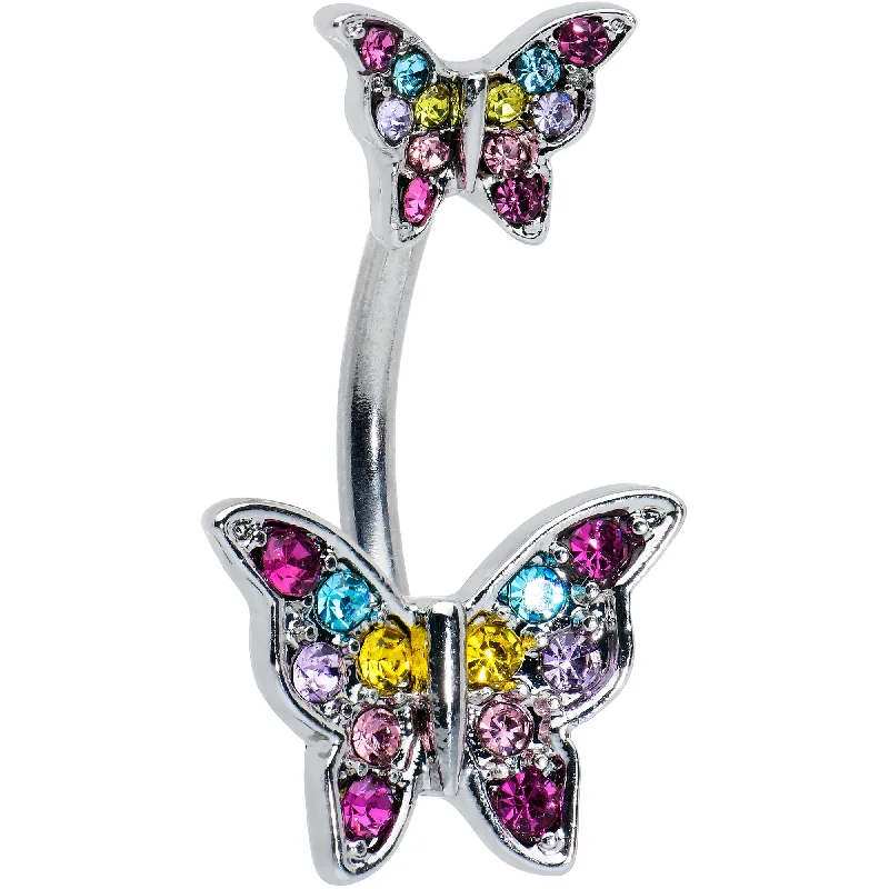 Belly Rings with Beautiful Crystal Accents -Pink Purple Blue Gem Double Butterfly Double Mount Belly Ring Belly Rings with Beautiful Crystal Accents -Pink Purple Blue Gem Double Butterfly Double Mount Belly Ring