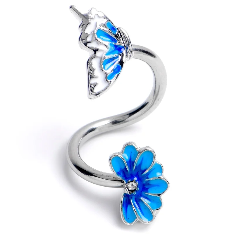 Designer Belly Rings for Exclusive Looks -Clear Gem Butterfly Blossom Blue Spiral Twister Belly Ring Designer Belly Rings for Exclusive Looks -Clear Gem Butterfly Blossom Blue Spiral Twister Belly Ring
