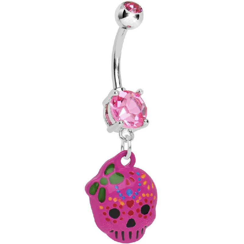 Trendy Belly Rings for Dazzling Fashion -Pink Gem Girly Sugar Skull Dangle Belly Ring Trendy Belly Rings for Dazzling Fashion -Pink Gem Girly Sugar Skull Dangle Belly Ring