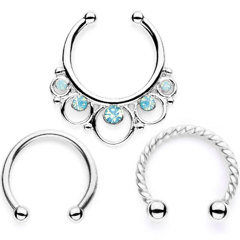 Nose Rings with Flowers -16 Gauge Teal Faux Opal Twisted Horseshoe Clip On Fake Septum Ring Set Nose Rings with Flowers -16 Gauge Teal Faux Opal Twisted Horseshoe Clip On Fake Septum Ring Set