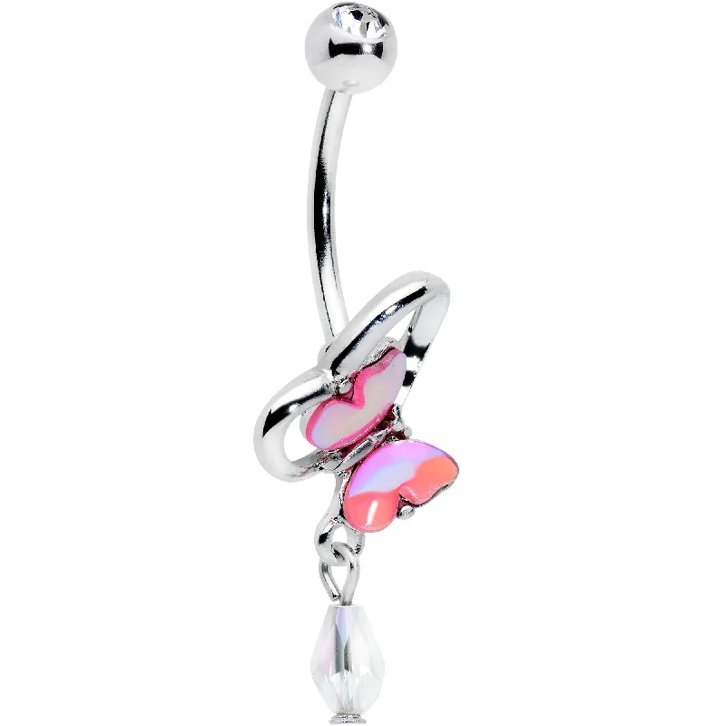 Beautiful Belly Rings for Elegant Looks -Clear Gem Heart Pink Butterfly Dangle Belly Ring Beautiful Belly Rings for Elegant Looks -Clear Gem Heart Pink Butterfly Dangle Belly Ring