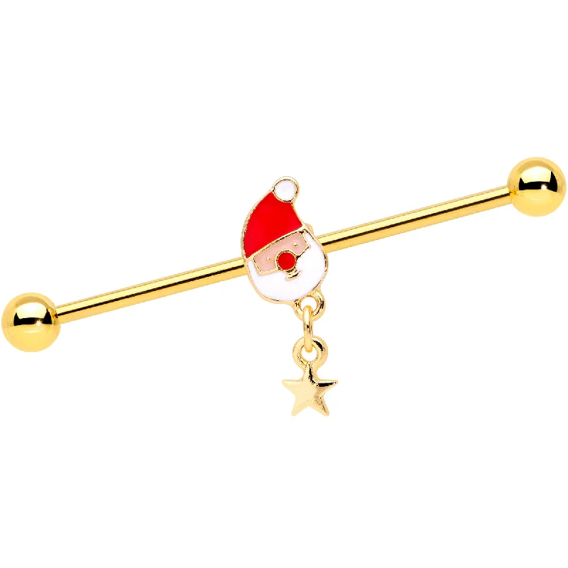 Women's Earrings – Elegant Designs for Every Personality--14 Gauge Gold Tone Santa Star Christmas Dangle Industrial Barbell 38mm