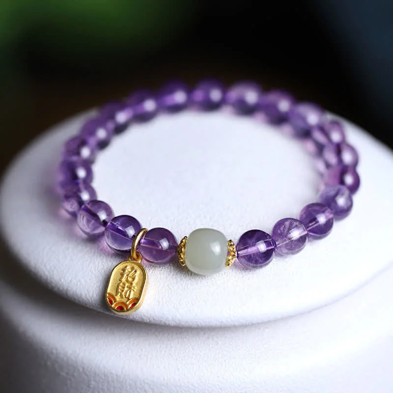 Women's Bangles with Simple Stone Accents-Buddha Stones Natural Amethyst Crystal Hetian Jade Healing Charm Bracelet Women's Bangles with Simple Stone Accents-Buddha Stones Natural Amethyst Crystal Hetian Jade Healing Charm Bracelet