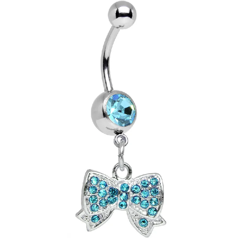 Belly Rings for Casual Fashion -Aqua Gem Bedecked Bow Tie Dangle Belly Ring