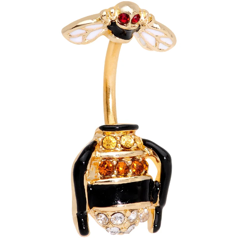 Designer Belly Rings with Artistic Appeal -Clear Black Yellow Gem Gold Tone Bee Double Mount Belly Ring Designer Belly Rings with Artistic Appeal -Clear Black Yellow Gem Gold Tone Bee Double Mount Belly Ring
