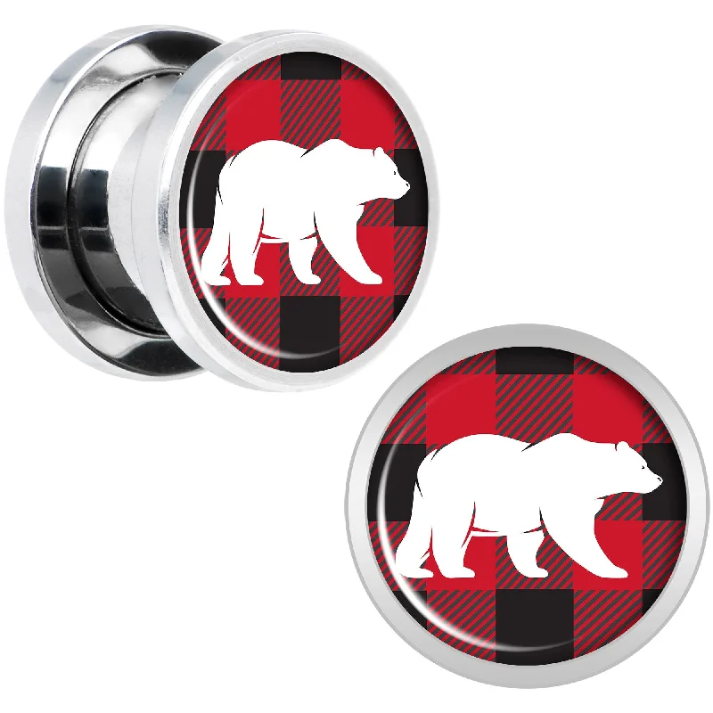 Women's Earrings – Elegant Designs for Every Personality--Red Black Plaid Polar Bear Screw Fit Plug Set Sizes 5mm to 20mm Women's Earrings – Elegant Designs for Every Personality--Red Black Plaid Polar Bear Screw Fit Plug Set Sizes 5mm to 20mm