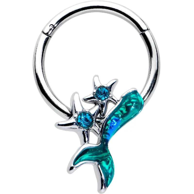 Customizable Nose Rings for Personalized Fashion -16 Gauge 3/8 Blue Gem Green Mermaid Tail Stars Hinged Segment Ring