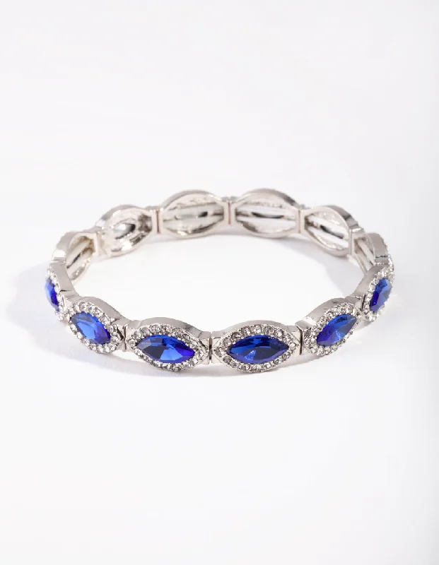 Women's Bangles with Mixed Metals-Silver Marquise Blue Diamante Stretch Bracelet