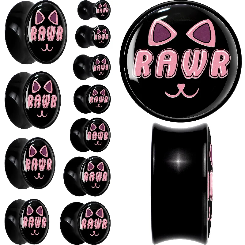 Women's Earrings – Elegant Designs for Every Personality--0 Gauge RAWR Kitty Cat Black Acrylic Saddle Plug Set