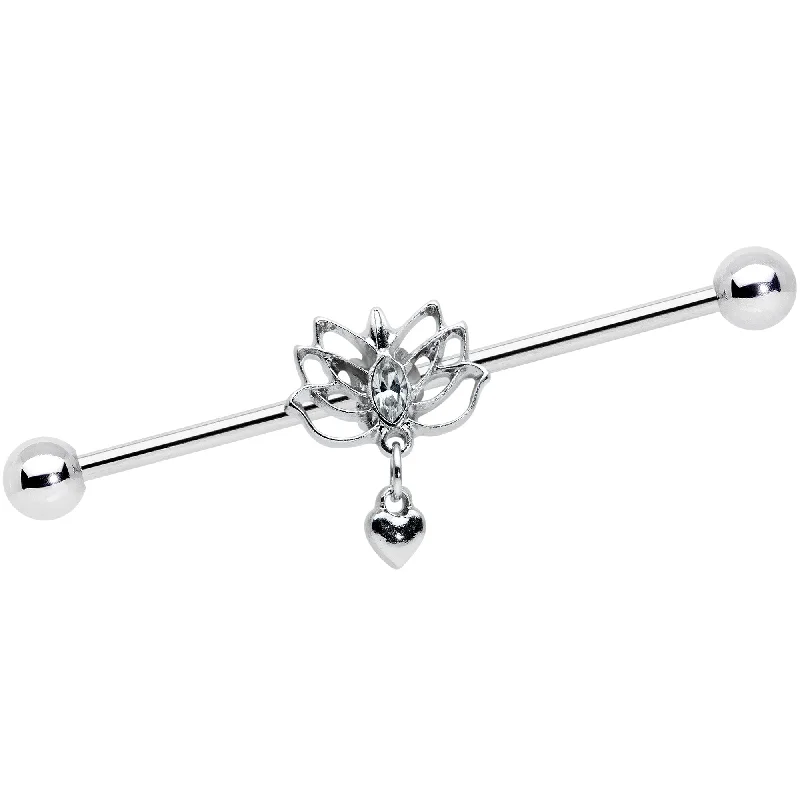 Women's Earrings – Elegant Designs for Every Personality--14 Gauge Clear Gem Lotus Flower Heart Dangle Industrial Barbell 38mm