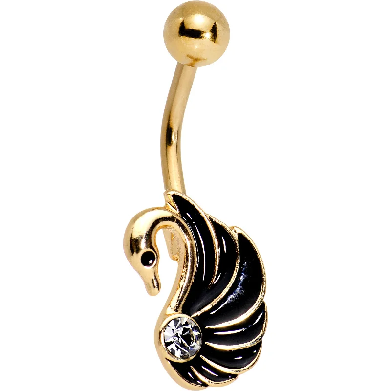 Belly Rings for Chic Fashionistas -Clear Gem Gold PVD Fluttering Swan Feather Belly Ring Belly Rings for Chic Fashionistas -Clear Gem Gold PVD Fluttering Swan Feather Belly Ring