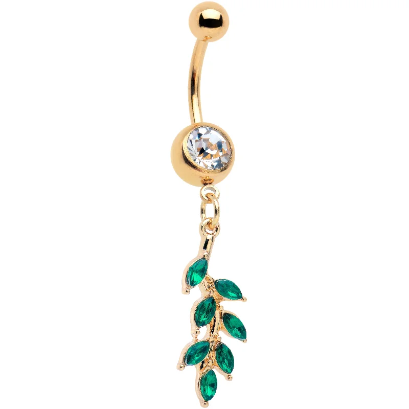 Comfortable Belly Rings with Creative Design -Green Clear Gem Gold Tone Leafy Luscious Branch Dangle Belly Ring Comfortable Belly Rings with Creative Design -Green Clear Gem Gold Tone Leafy Luscious Branch Dangle Belly Ring