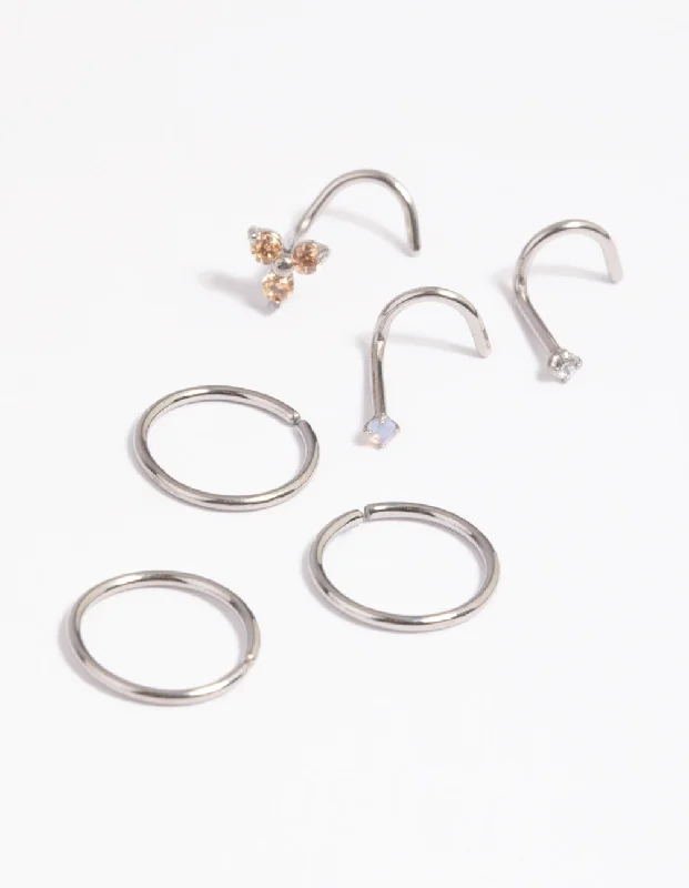 Nose Rings with Pearls -Surgical Steel Diamante Nose Stud 6-Pack