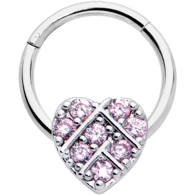 Women's Earrings – Elegant Designs for Every Personality--16 Gauge 3/8 Pink CZ Gem Lattice Heart Hinged Segment Ring