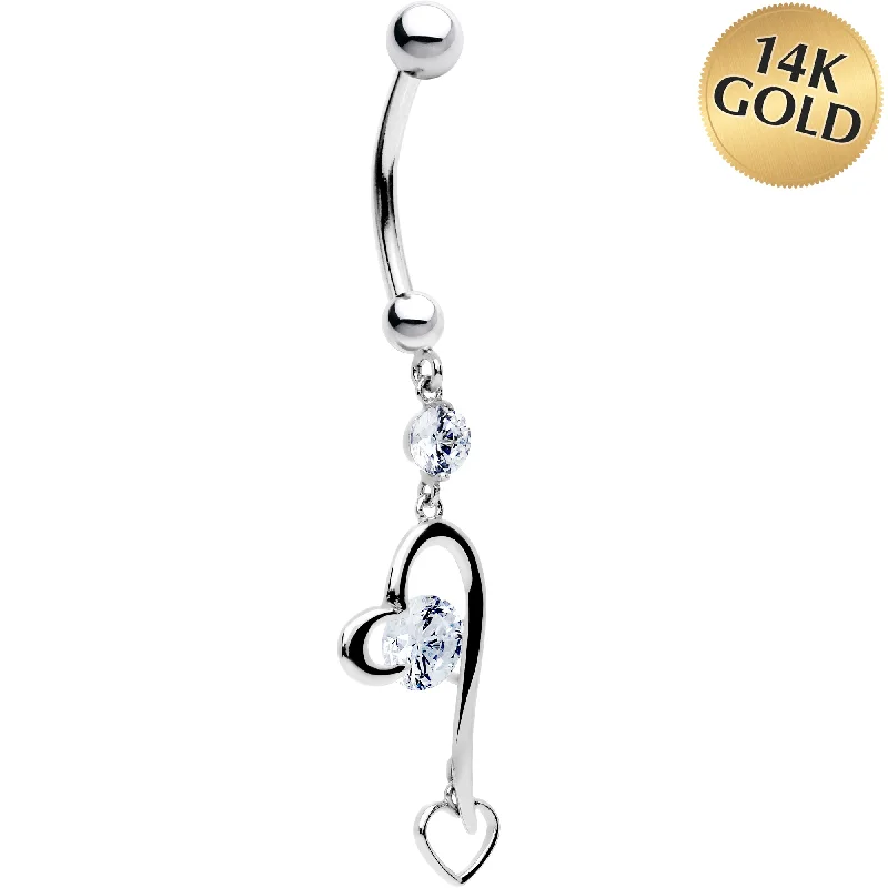 Belly Rings with Designer Touch -16 Gauge Solid 14KT White Gold Cubic Zirconia HEART FANTASY Dangle Belly Ring Belly Rings with Designer Touch -16 Gauge Solid 14KT White Gold Cubic Zirconia HEART FANTASY Dangle Belly Ring