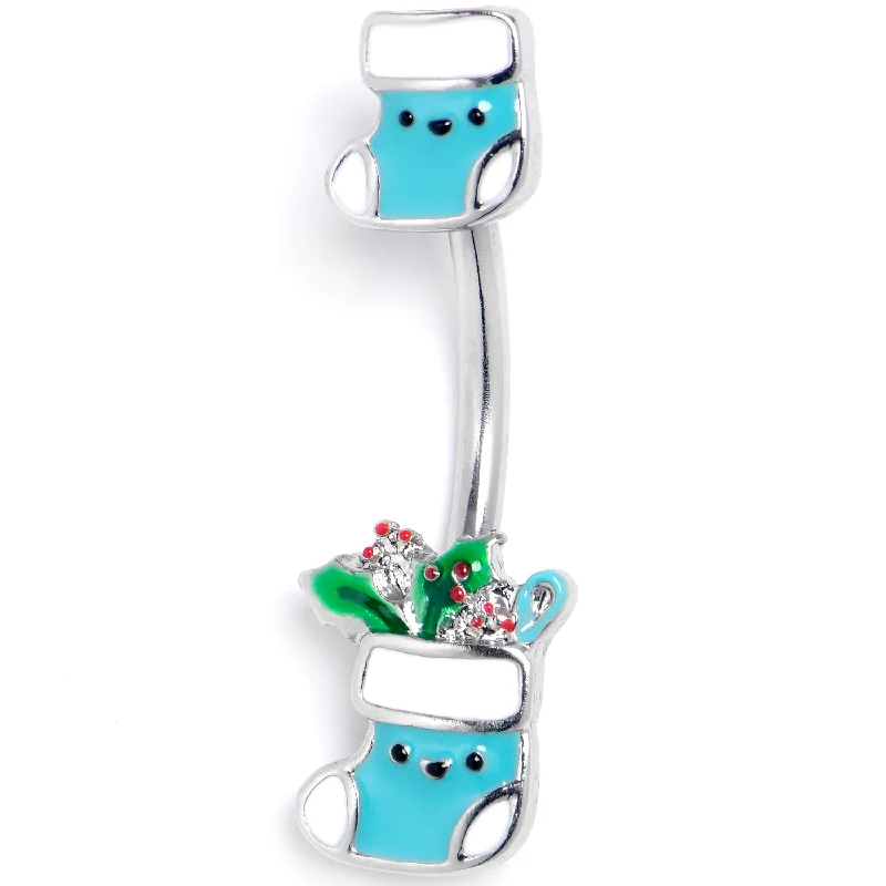 Designer Belly Rings for Bold Looks -Festive Blue Christmas Stocking Double Mount Belly Ring Designer Belly Rings for Bold Looks -Festive Blue Christmas Stocking Double Mount Belly Ring