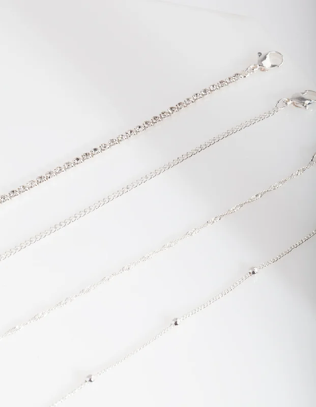 Women's Bangles with Fashionable Charms-Silver Diamante Twist Anklet Bracelet 4-Pack Women's Bangles with Fashionable Charms-Silver Diamante Twist Anklet Bracelet 4-Pack