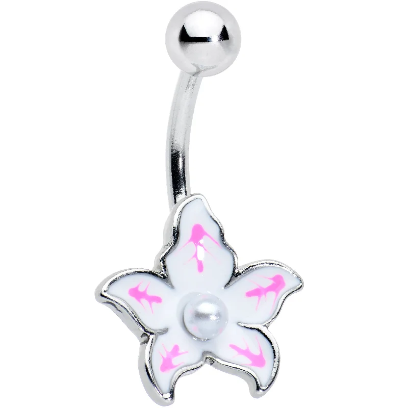 Beautiful Belly Rings with Shiny Stones -White Pearlescent Center Pink White Flower Belly Ring Beautiful Belly Rings with Shiny Stones -White Pearlescent Center Pink White Flower Belly Ring