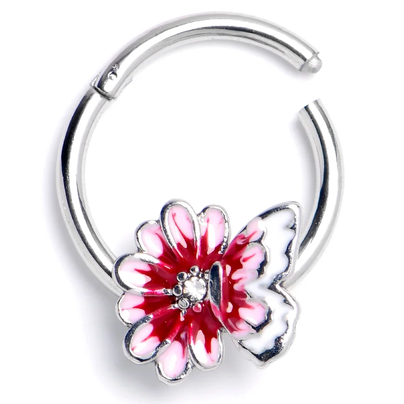 Nose Rings for Long-Lasting Wear -16 Gauge 3/8 Clear CZ Gem Butterfly Blossom Pink Hinged Segment Ring Nose Rings for Long-Lasting Wear -16 Gauge 3/8 Clear CZ Gem Butterfly Blossom Pink Hinged Segment Ring