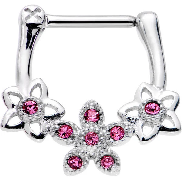Flower Nose Rings -16 Gauge 5/16 Pink Gem Field of Flowers Septum Clicker
