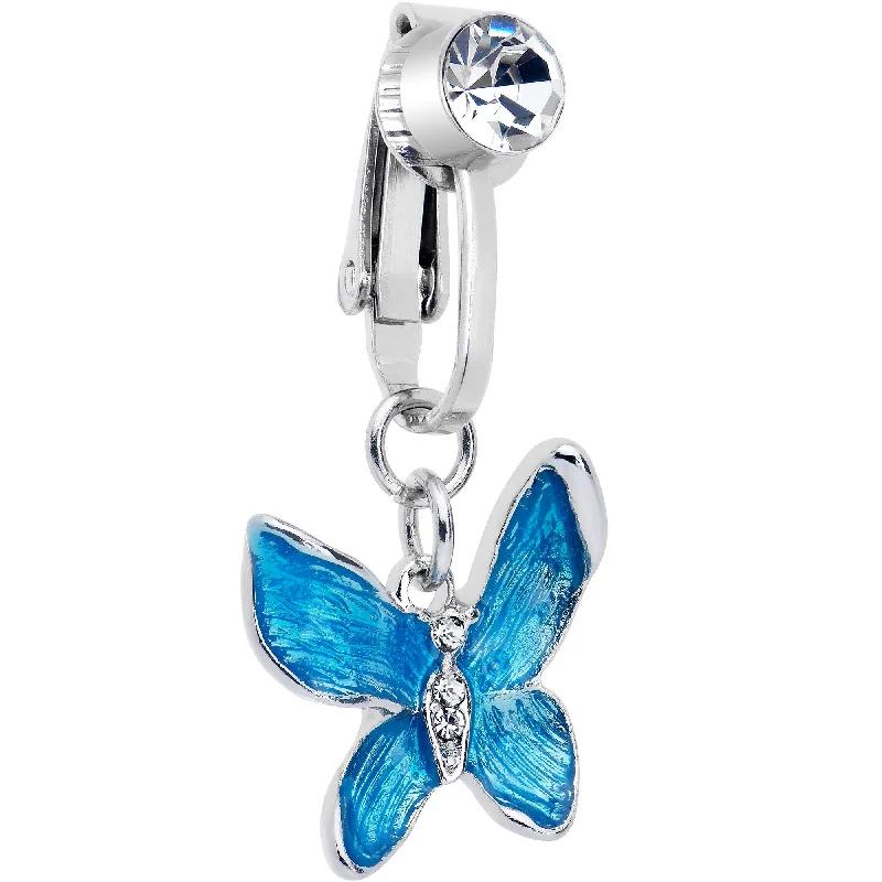 Unique Belly Rings for Creative Piercings -Clear Gem Chunky Butterfly Blue Clip On Fake Belly Ring Unique Belly Rings for Creative Piercings -Clear Gem Chunky Butterfly Blue Clip On Fake Belly Ring