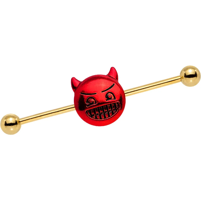 Women's Earrings – Elegant Designs for Every Personality--Licensed Red Devil emoji Gold Tone Anodized Industrial Barbell 38mm