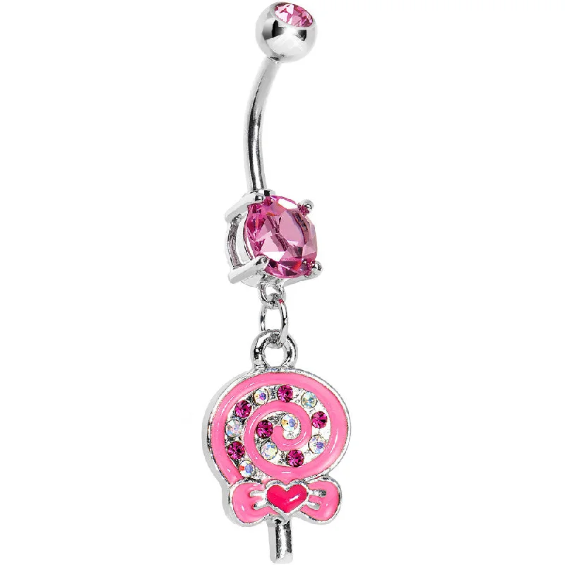 Trendy Belly Rings for Bold Fashionistas -Double Pink Gem Swirling Lollipop Dangle Belly Ring Trendy Belly Rings for Bold Fashionistas -Double Pink Gem Swirling Lollipop Dangle Belly Ring