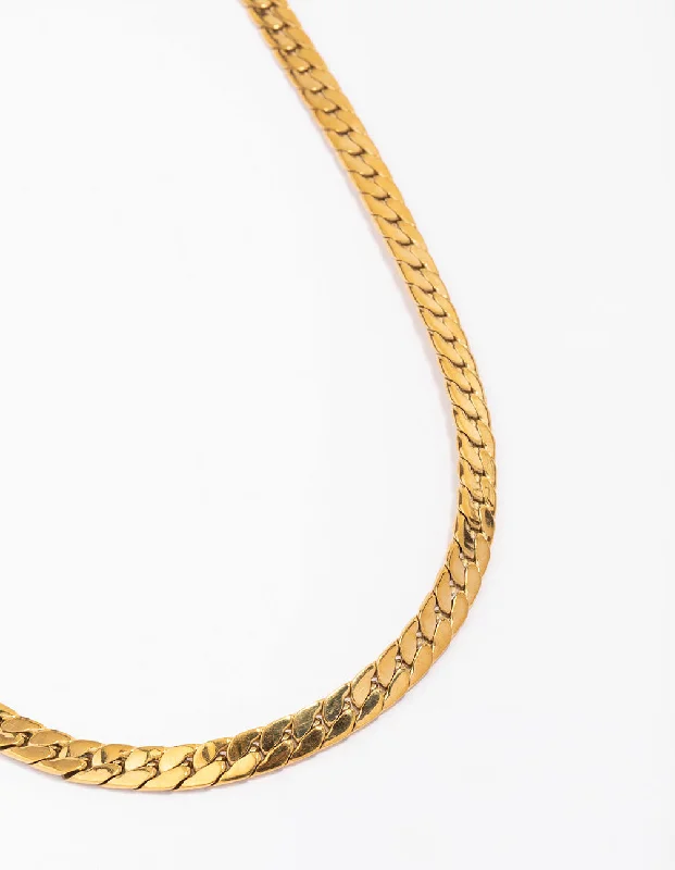 Shop Classic Women's  Necklaces & Pendants with a Modern Twist-Waterproof Gold Plated Stainless Steel Flat Curb Chain Necklace