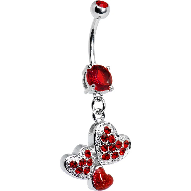 Trendy Belly Rings for Glamorous Looks -Ruby Red Gem Trio of Hearts Belly Ring