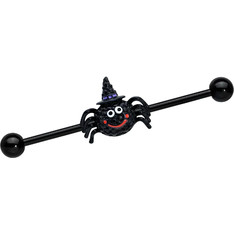 Women's Earrings – Elegant Designs for Every Personality--14 Gauge Black Halloween Smiling Witch Spider Industrial Barbell 38mm