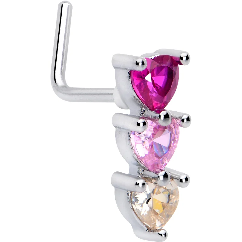 Nose Rings for Comfort -20 Gauge 7mm Red Pink CZ Gem Stacked Heart Trio L Shape Nose Ring Nose Rings for Comfort -20 Gauge 7mm Red Pink CZ Gem Stacked Heart Trio L Shape Nose Ring